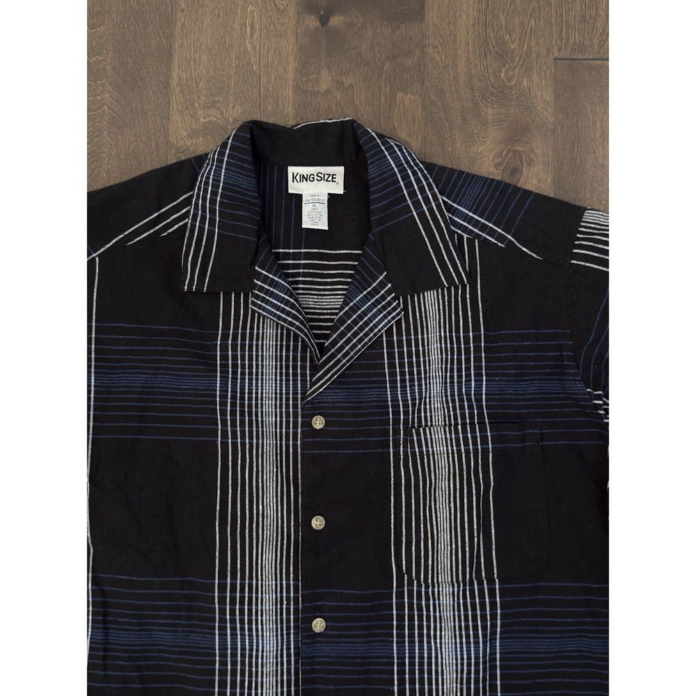 King Size Mens Casual Button Down Shirt Black Plaid Size XL Tall Ramie Cotton